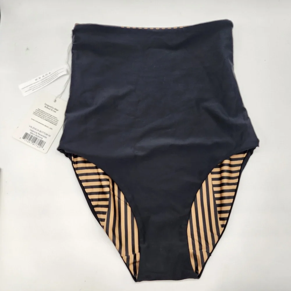 BAIIA Valencia Reversible Bikini Bottoms Women's 6 Black Tan Striped High Waist